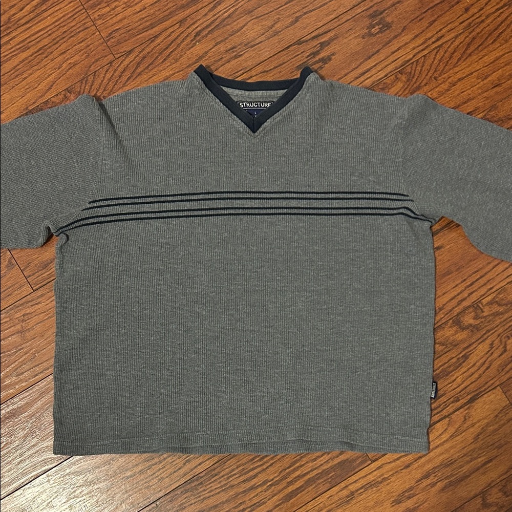 Vgt Structure Charcoal V-Neck Men's Sweater with navy stripe